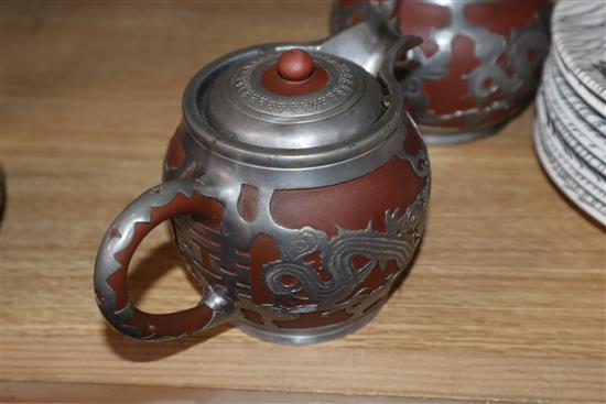 A Chinese Yixing and pewter mounted five piece tea set tallest 15cm